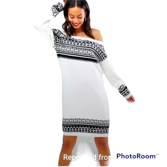 ASOS DESIGN Fair Isle Holiday Knit Sweater Dress Off-Shoulder Shape Cream &Black - Picture 2 of 7
